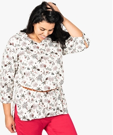 GEMO Tunique femme en lin à motifs fleuris avec col V et ceinture orange vif