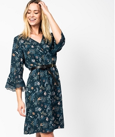 GEMO Robe femme fluide droite à manches 34 fleurs et dentelle Imprimé