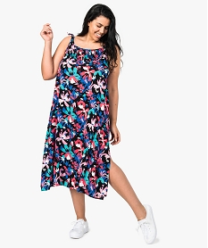 GEMO Robe femme imprimée à bretelles nouées et plastron smocks kaki fonce