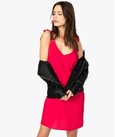 GEMO Robe femme courte en viscose satiné avec bretelles à nouer Rose