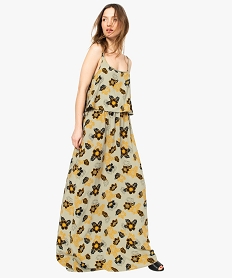 GEMO Robe femme longue fluide effet 2-en-1 et liens croisés au dos kaki fonce