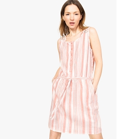 GEMO Robe femme rayée en lin avec dos en dentelle et taille nouée kaki chine