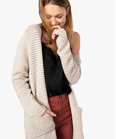 GEMO Gilet femme uni en maille fantaisie porté ouvert Beige