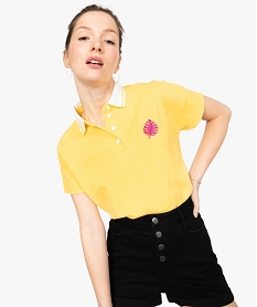 polo femme en coton pique avec col raye et broderie poitrine jaune8613901_1