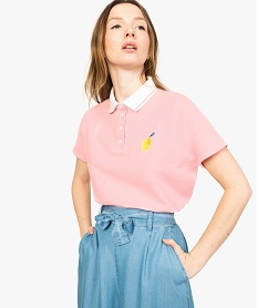 polo femme en coton pique avec col raye et broderie poitrine rose tee-shirts tops et debardeurs8614001_1