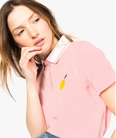 polo femme en coton pique avec col raye et broderie poitrine rose tee-shirts tops et debardeurs8614001_2