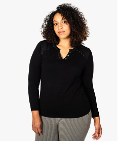 GEMO Pull femme uni maille extensible à paillettes et strass noir standard
