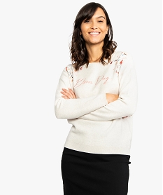 GEMO Pull femme façon sweat avec broderies fleuries blanc chine