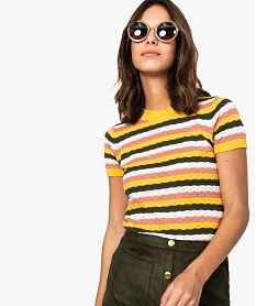 GEMO Pull femme à manches courtes et rayures multicolores kaki chine