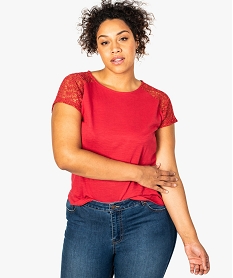 GEMO Tee-shirt femme à manches courtes avec épaules en dentelle rose vif