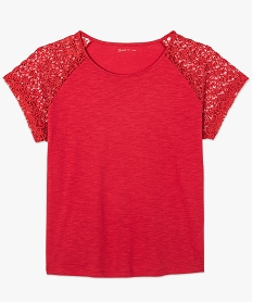 tee-shirt femme a manches courtes avec epaules en dentelle rose8621601_4