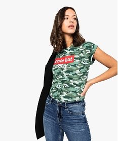 GEMO Tee-shirt femme imprimé avec manches courtes à revers Vert