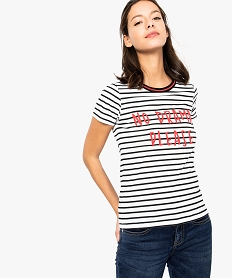 GEMO Tee-shirt femme à manches courtes avec motifs sur lavant Blanc