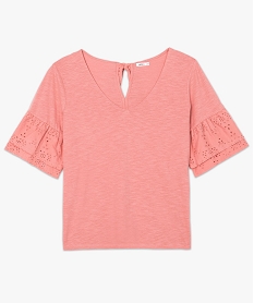 tee-shirt femme manches broderie anglaise et dos noue rose8628701_4
