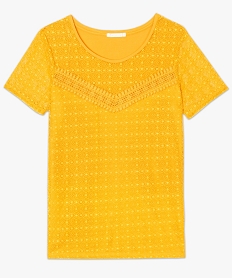 tee-shirt femme a manches courtes avec devant en dentelle jaune8629201_4