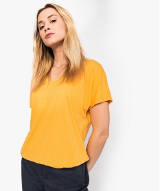 GEMO Tee-shirt femme ample à paillettes col V et bas élastiqué jaune vif