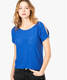 GEMO Tee-shirt femme à épaules dénudées façon broderie anglaise Bleu