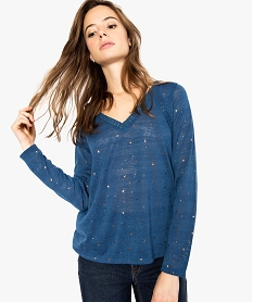 GEMO Pull femme en maille fine avec motifs pailletés et dentelle ajourée Bleu