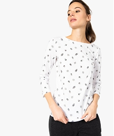 GEMO Tee-shirt femme en coton bio imprimé à manches longues blanc chine