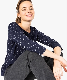 GEMO Tee-shirt femme en coton bio imprimé à manches longues Bleu