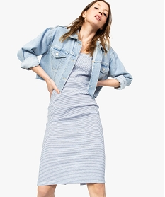 GEMO Robe femme moulante rayée sans manches Blanc