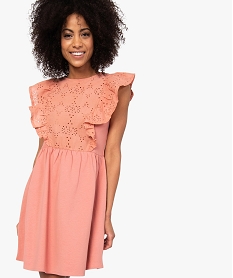 GEMO Robe femme avec empiècement en dentelle et volants Rose