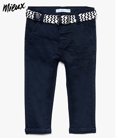 GEMO Pantalon bébé garçon chino à revers et ceinture tressée en coton bio Bleu