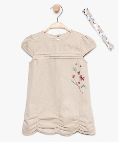 GEMO Ensemble bébé fille (2 pièces) : robe et bandeau en coton-lin Beige