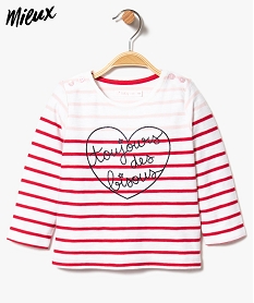 GEMO Tee-shirt bébé fille à rayures bicolores avec inscription pailletée en coton bio Rouge