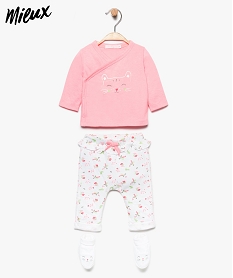GEMO Ensemble bébé fille (3 pièces) : pantalon+cache-cœur+chaussons en coton bio Multicolore