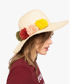GEMO Chapeau femme capeline en papier à fleurs pompons multicolores Beige
