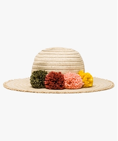 chapeau femme capeline en papier a fleurs pompons multicolores beige8711701_2