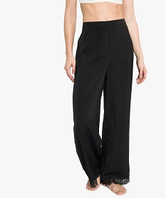 GEMO Pantalon de pyjama femme en satin avec dentelle aux chevilles Noir