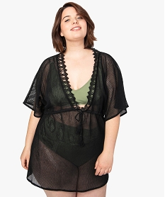 GEMO Robe de plage femme en maille ajourée et décolleté brodé Noir