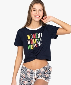 GEMO Haut de pyjama femme façon crop-top noué sur lavant Bleu