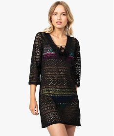 GEMO Robe de plage femme courte en dentelle et manches 34 noir vif