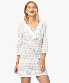 GEMO Robe de plage femme courte en dentelle et manches 34 blanc chine