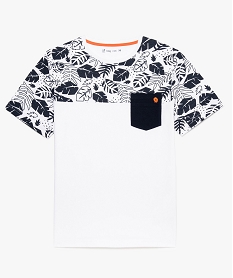 GEMO Tee-shirt garçon à avec imprimé tropical aux épaules et poche Blanc