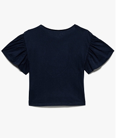 tee-shirt fille imprime en coton bio a manches volantees bleu8837501_2
