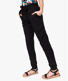 GEMO Pantalon en toile fille avec taille fantaisie et ceinture à nouer noir standard