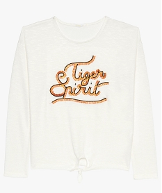 GEMO Pull fille en maille fine fluide noué devant avec motif blanc chine