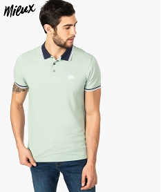 polo homme en maille piquee et bord-cote raye en coton bio vert polos8868101_1