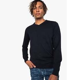 GEMO Pull homme en coton au coloris uni avec col V Bleu