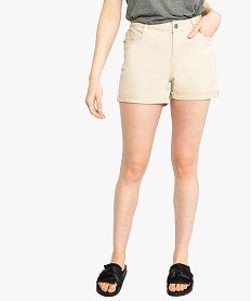 short femme en toile unie avec revers cousus beige8869301_1