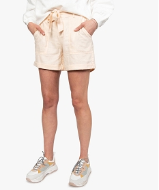 short femme en lin avec revers cousus et ceinture a nouer beige8871001_1