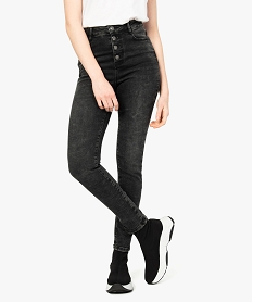 GEMO Jeans femme skinny délavé à taille haute et boutonnière Noir