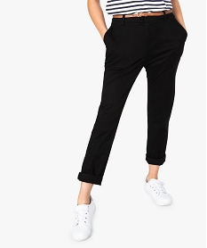 GEMO Pantalon femme en toile unie avec fine ceinture Noir