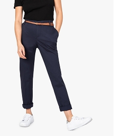 GEMO Pantalon femme en toile unie avec fine ceinture Bleu