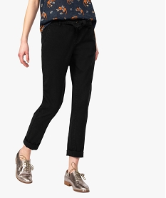 GEMO Pantalon femme chino en toile extensible avec ceinture à nouer Noir