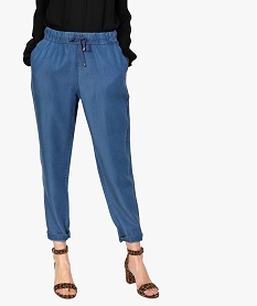 GEMO Pantalon femme forme carotte fluide à taille élastiquée Bleu